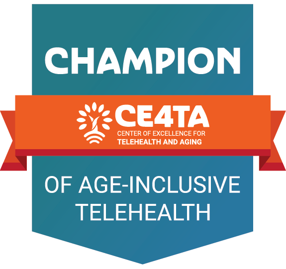 Badge representing center of excellence for telehealth and aging champion